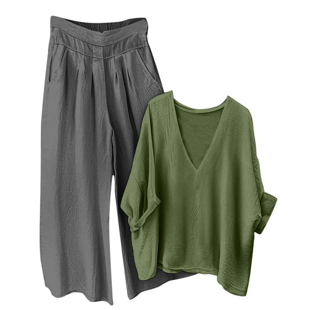 Women's Linen Set 2025 - V-Neck Top & Pants | Breathable Summer Loungewear