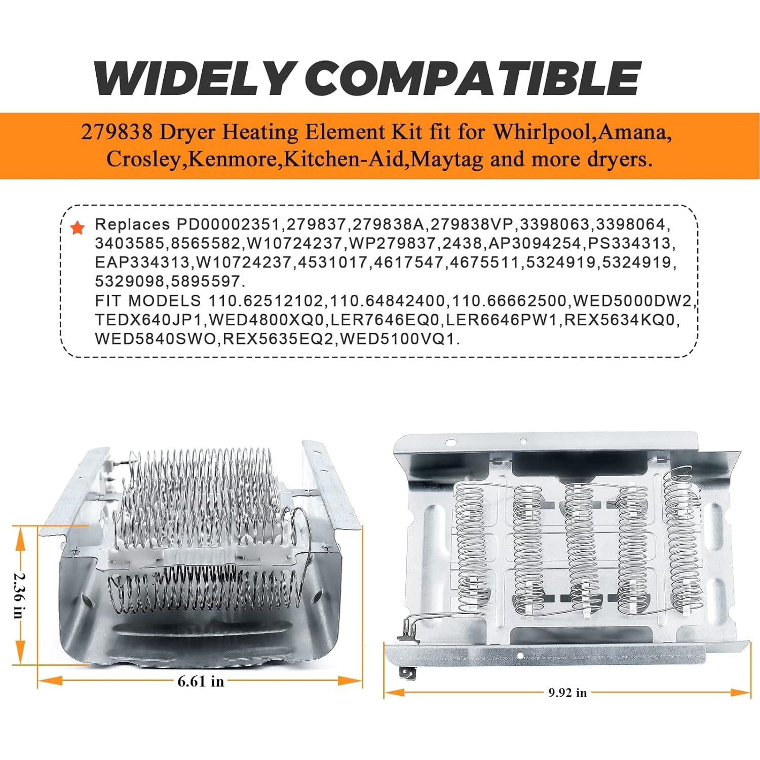 【Upgraded】279838 W10724237 Dryer Heating Element Kit for Whirlpool Kenmore Maytag Dryer - 3977767 3392519 Thermostat Fuse 3387134 397793 Thermostat- Replaces PS334313 4531017 MEDX655dW1 WED4815EW1