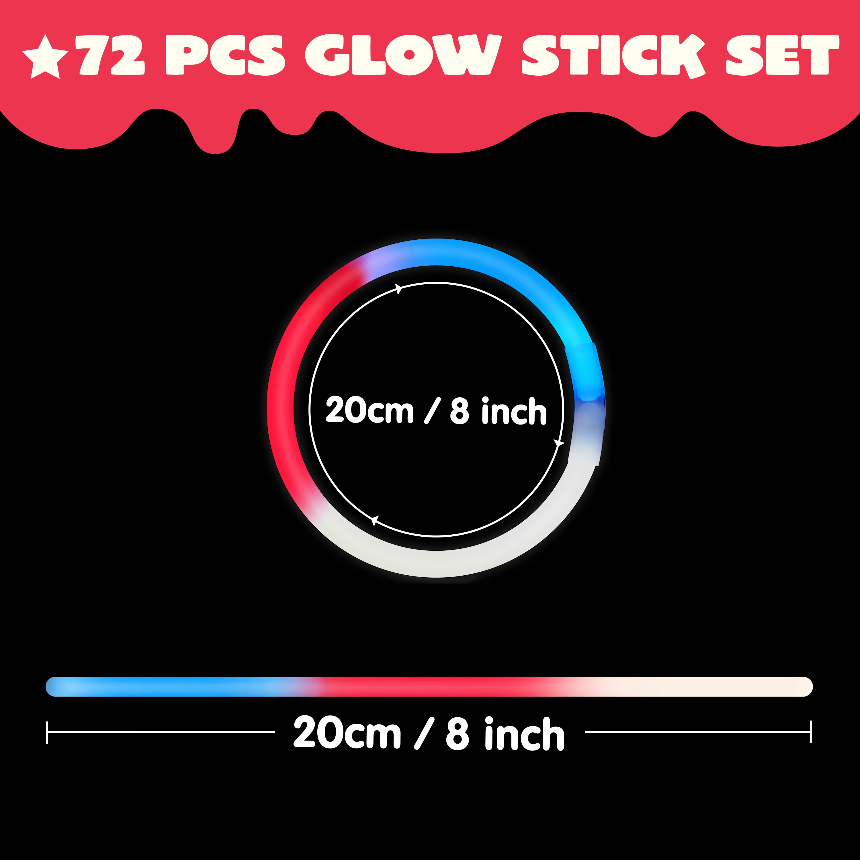 Joyfy 72 Pcs 4th of July Glow Sticks Bulk with Connectors, Red White Blue 3 Colors in 1 Glitter Sticks for Kids and Adults to Make Bracelets and Necklaces, Party Favor Supplies For Independence Day