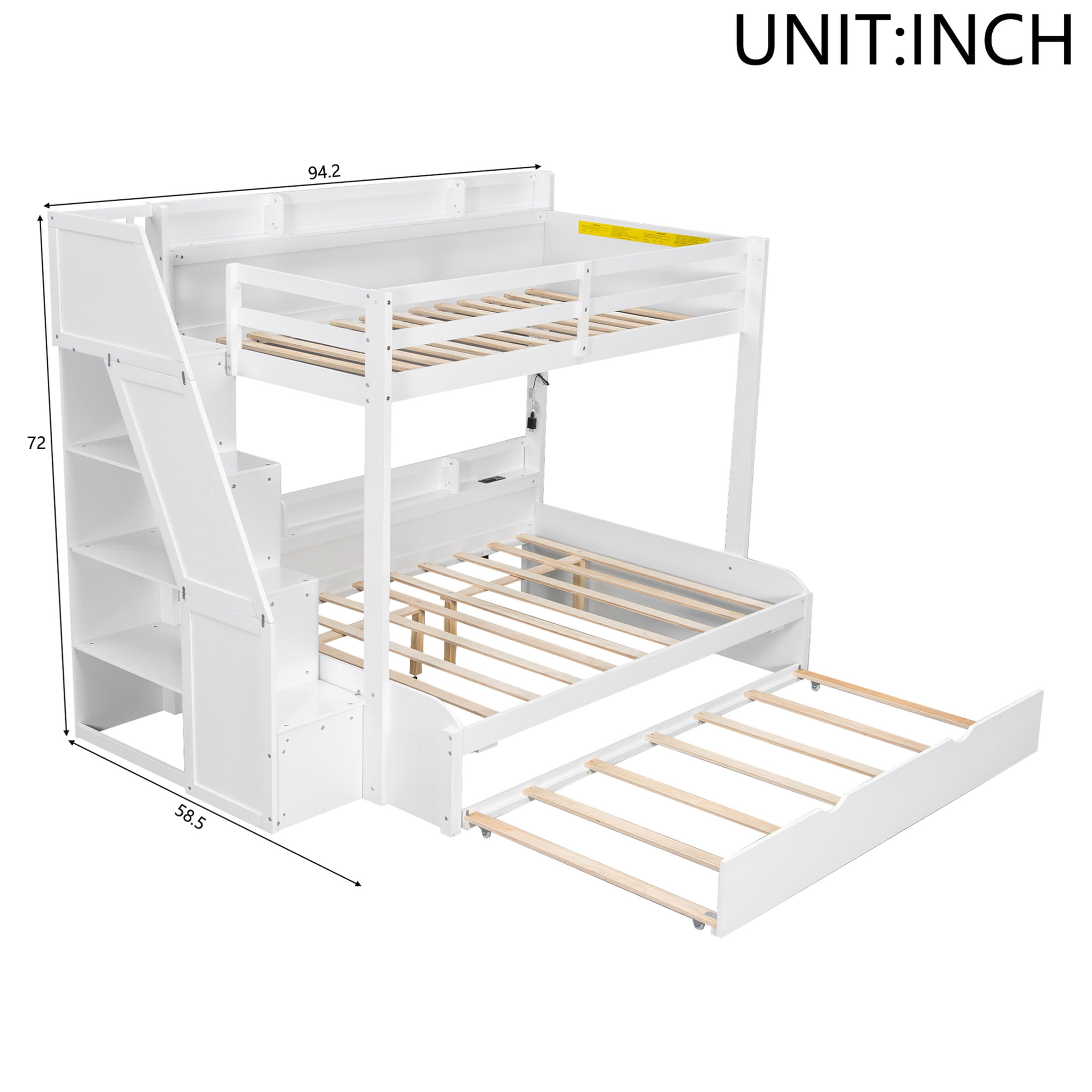Noble House Aldorin Twin over Full Bunk Bed with Storage Staircase and Trundle, LED Light and Charging Ports, White