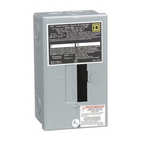 Square D Load Center, QO, 2 Spaces, 30A, 120/240V AC, Main Lug, 1 Phase QO2L30S