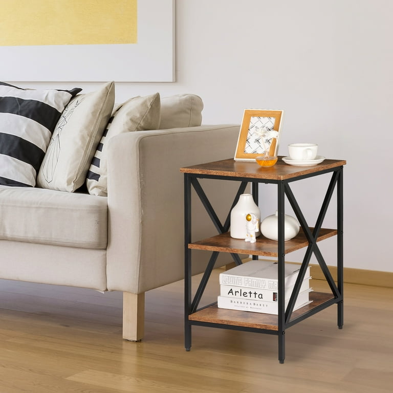 HomGarden 2 Pack Industrial End Table 3 Tier Square Sofa Side Table Metal Frame Rustic Brown