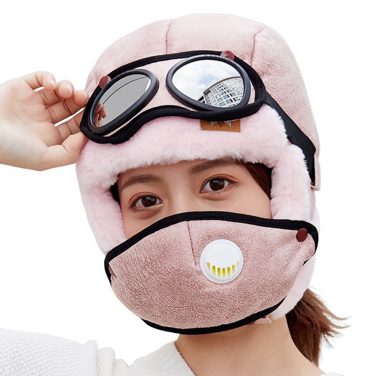 Opvise Cycling Hat 4 in 1 Skin touch Cozy Ear Thick Windproof Polyester Outdoor Masque Glasses Ski Hat Sports Accessories for Winter Pink