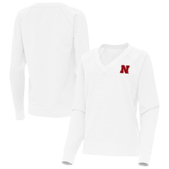 Women's Antigua White Nebraska Huskers Varsity V-Neck Tri-Blend Pullover Sweatshirt
