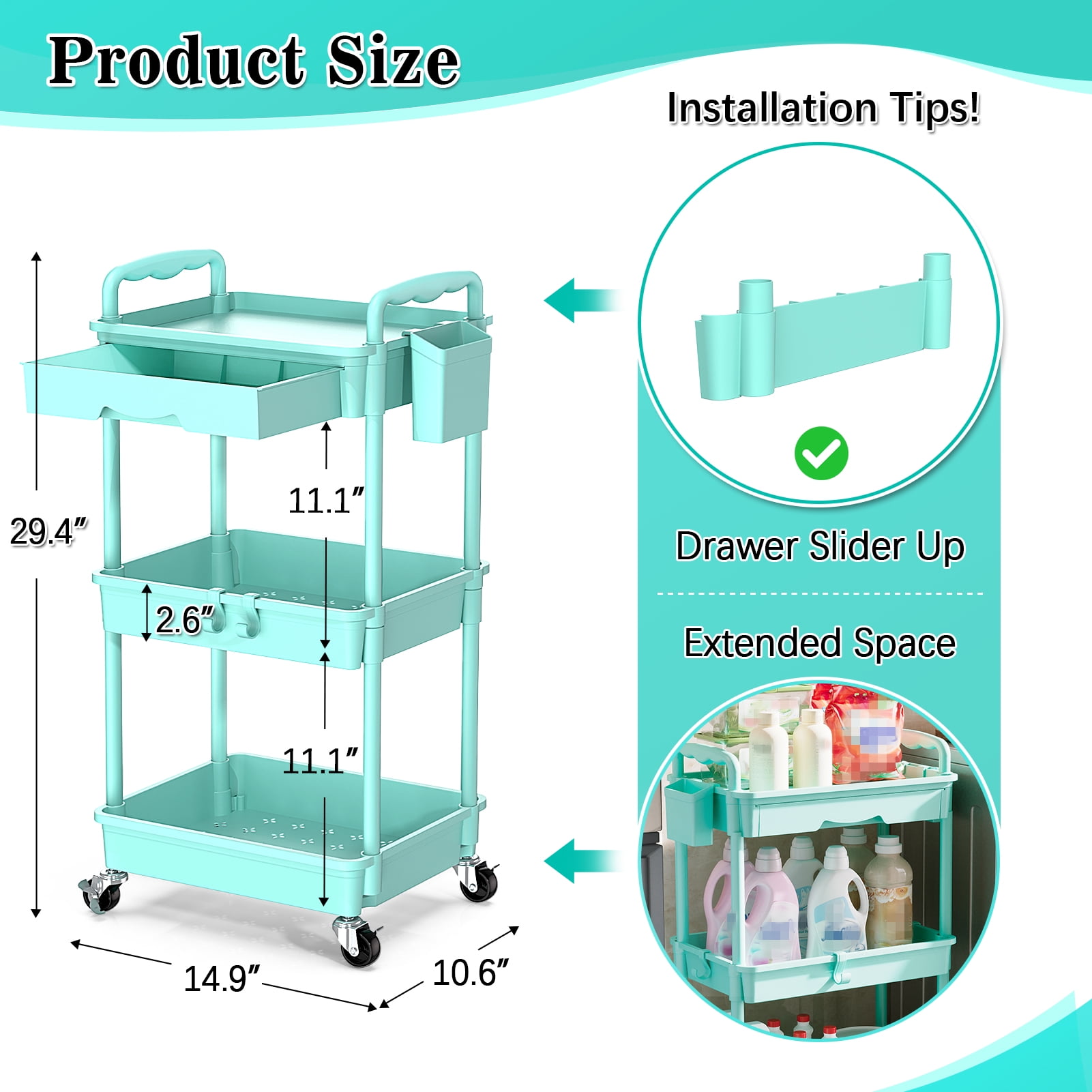 3 Tier Rolling Utility Cart with Removable Drawer, Bathroom Storage Organizer with 2 Lockable Wheels, Mobile Shelving Unit for Kitchen, Office, Snack, Craft, Makeup, Baby Essentials, Blue