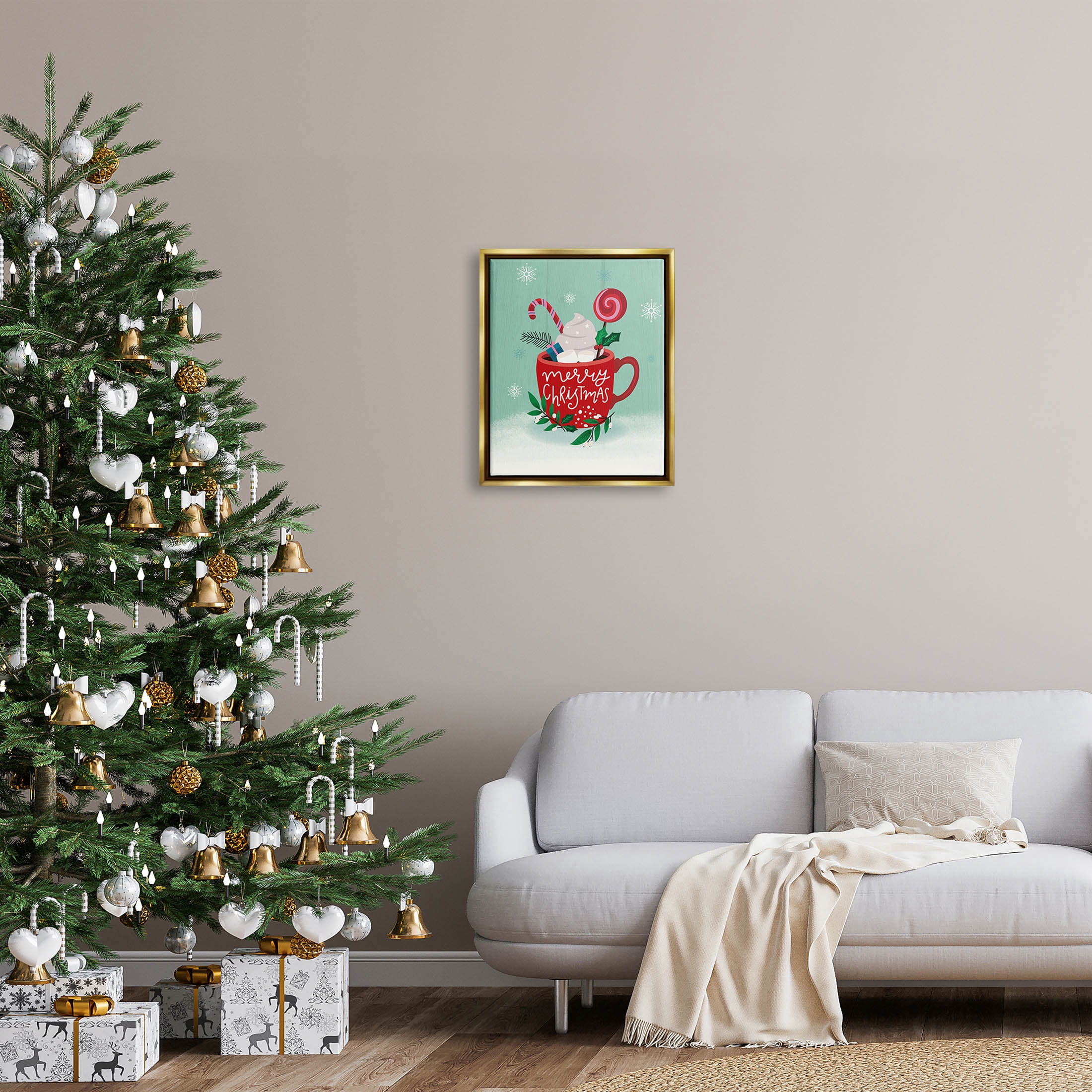 Merry Christmas Warm Cocoa Holiday Graphic Art Metallic Gold Framed Art Print Wall Art