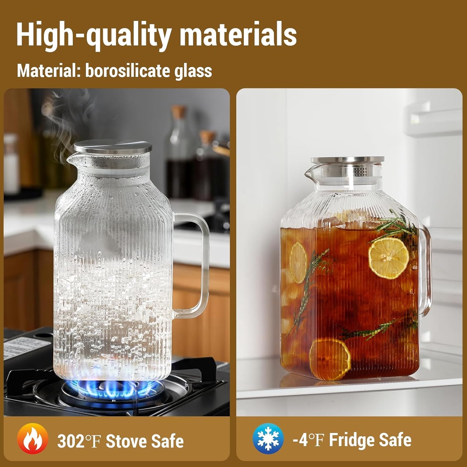 HQinX 1 Gallon Square Glass Pitcher with Lid, Thickened Borosilicate Glass Carafe for Fridge, Large Jug with Handle for Hot/Cold Brew Drink