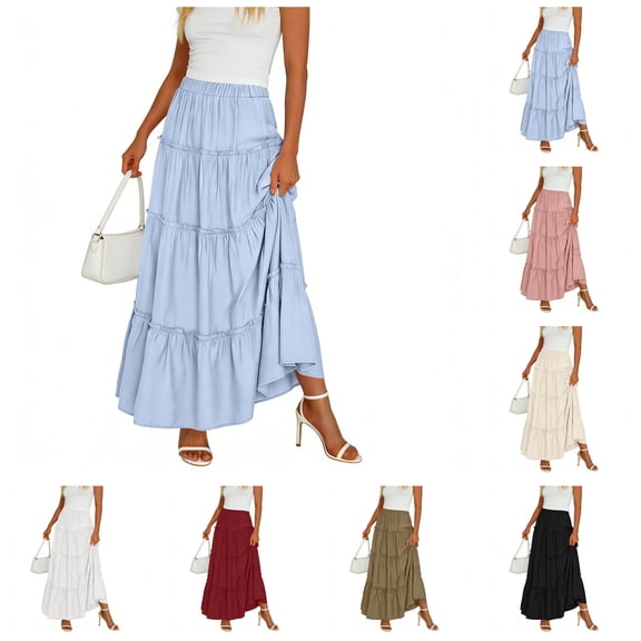 LIBRCLO Skirts for Women, Pleated High Waist Maxi Length Skirts Summer Tiered A Line Flowy Skirts