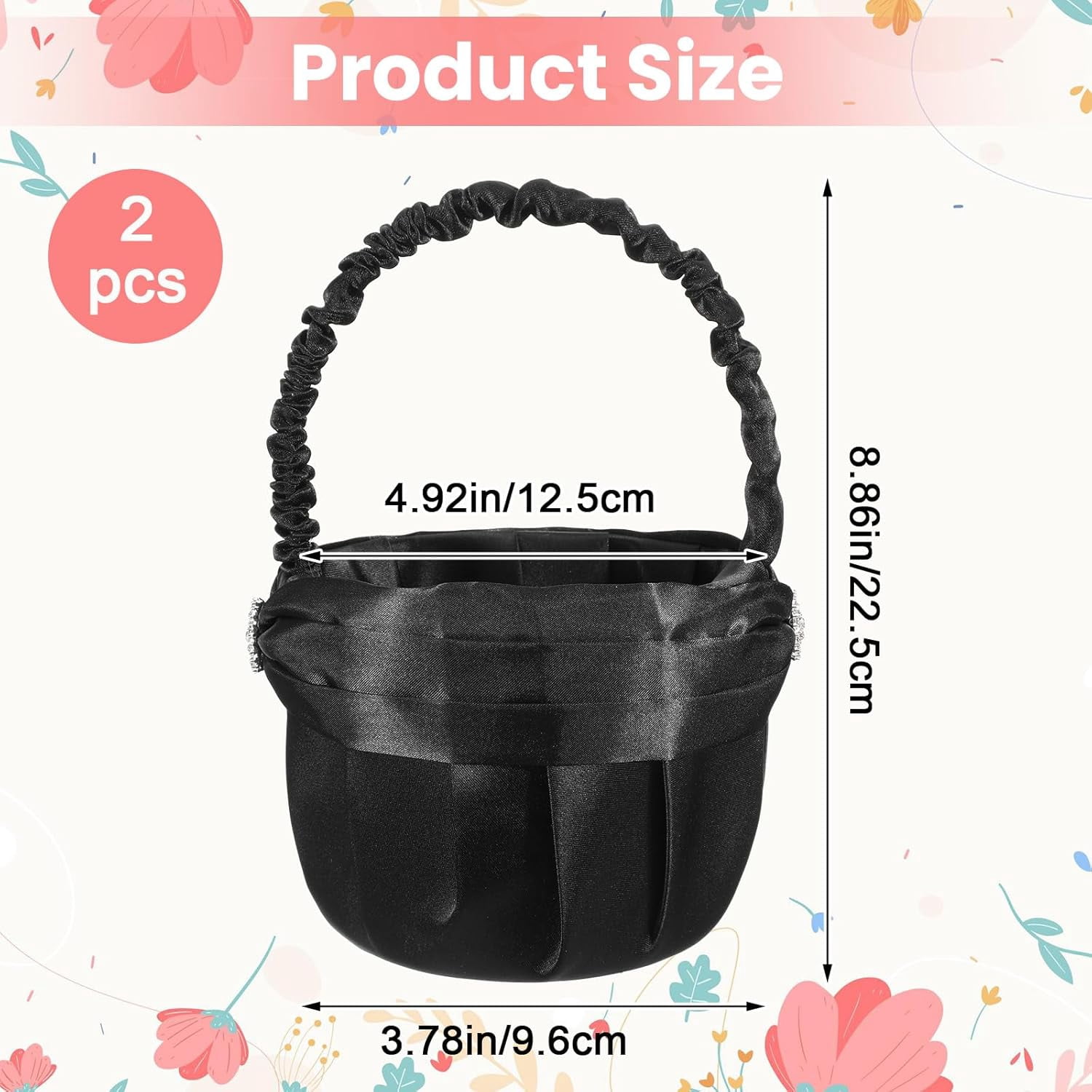 Wedding Black Flower Basket Gothic Flower Basket for Wedding Ceremony Satin Rhinestone with Handle for Petals Confetti Banquet Home Decoration Western Party (Snowflake)