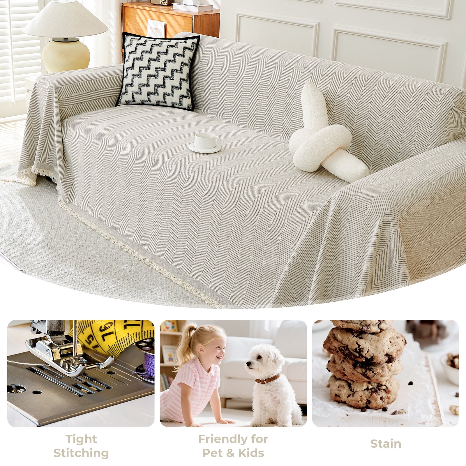 Sanmadrola Sofa Cover Non Slip Couch Cover for 3 Cushion Couch Machine Washable Furniture Protector for Dogs Pet Chenille Throw Slipcover Blanket for Living Room (Off White, 91"x134")