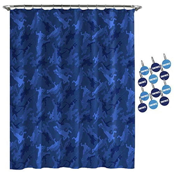 Fortnite Emote Blue Camo Microfiber Kids Shower Curtain & 12-Piece Hook Set