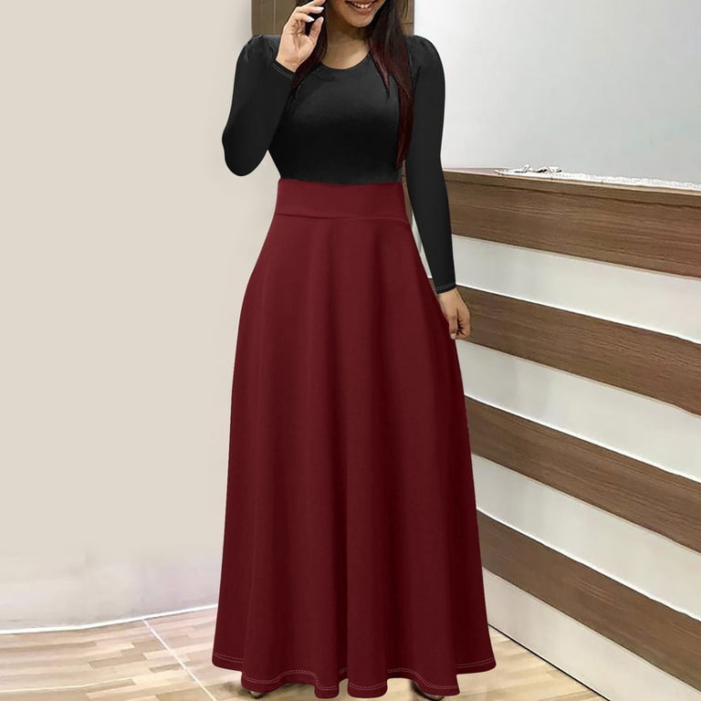 Diufon Maxi Dresses for Women Trendy Color Block Pleated Dress Round Neck  Long Sleeve Dress - Walmart.com