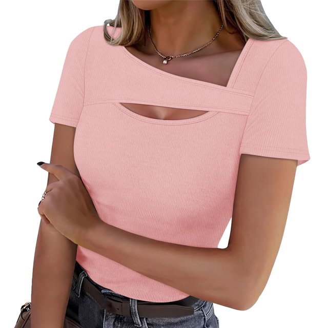 Ovbmpzd Hauts Roses pour Femmes Manches Courtes Découpes Coupe Ajustée T-Shirt Uni Chemisiers et Chemises pour Femmes TG