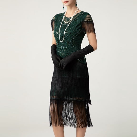 Puyaiuu Women's Sequin Fringe Flapper Dresses, Round Neck Short Sleeve Tiered 1920s Gatsby, Sparkly Beaded Mesh Swing Cocktail, Flattering Vintage Party Halloween Evening Costume Gift