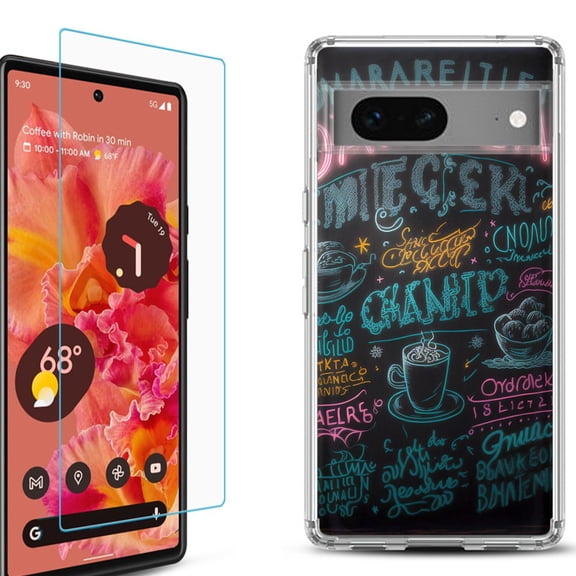 OneToughShield ® for Google Pixel 7a Shockproof Bumper Phone Case, with Tempered Glass Screen Protector - Abstract Menu