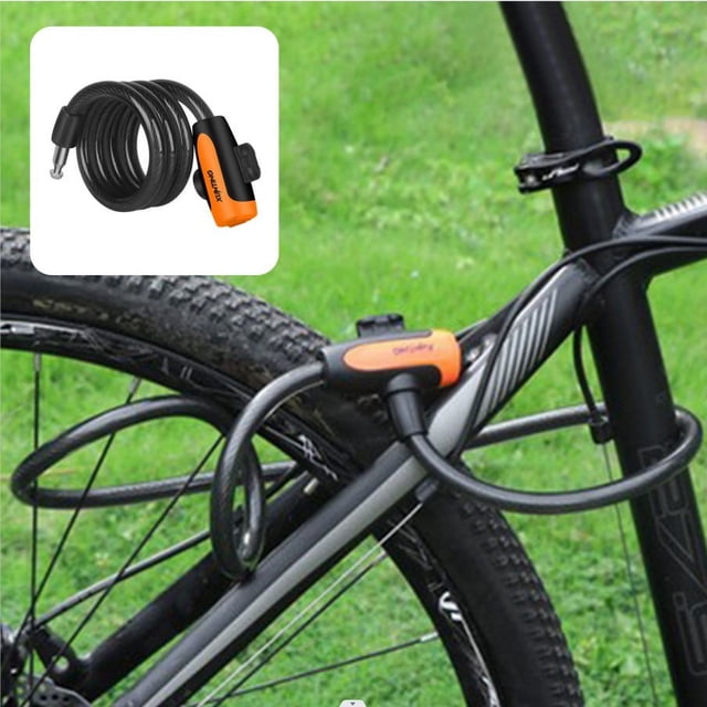 Bike Cable Lock with Key, Combination Bike Cable Lock, 39-inch long coiled security resettable cable lock shown securing a black mountain bike. The lock features a black PVC-coated cable with an orange and black alloy lock head. Inset image displays the coiled lock in detail. Suitable for mountain bikes, road bikes, electric bicycles, and kids' scooters.