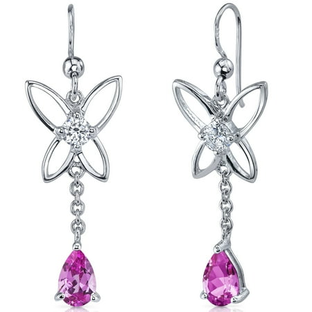 - 2.00 Ct Pear Shape Pink Sapphire Sterling Silver Drop Earrings Rhodium Finish
