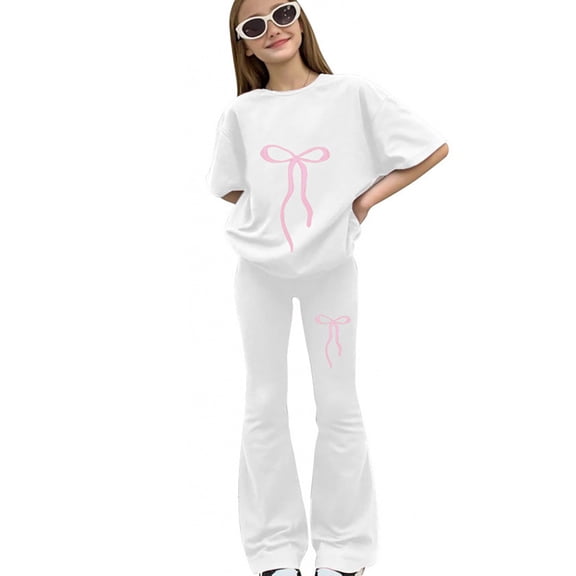 Otqutp Girls 2 Piece Casual Outfits Oversized Bow Knot Print Top Bell Bottoms Set for Teens Fashion Clothing Vacation Trendy Clothes