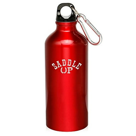 - 20oz Aluminum Sports Water Bottle Caribiner Clip Saddle Up Horseshoe (Red)