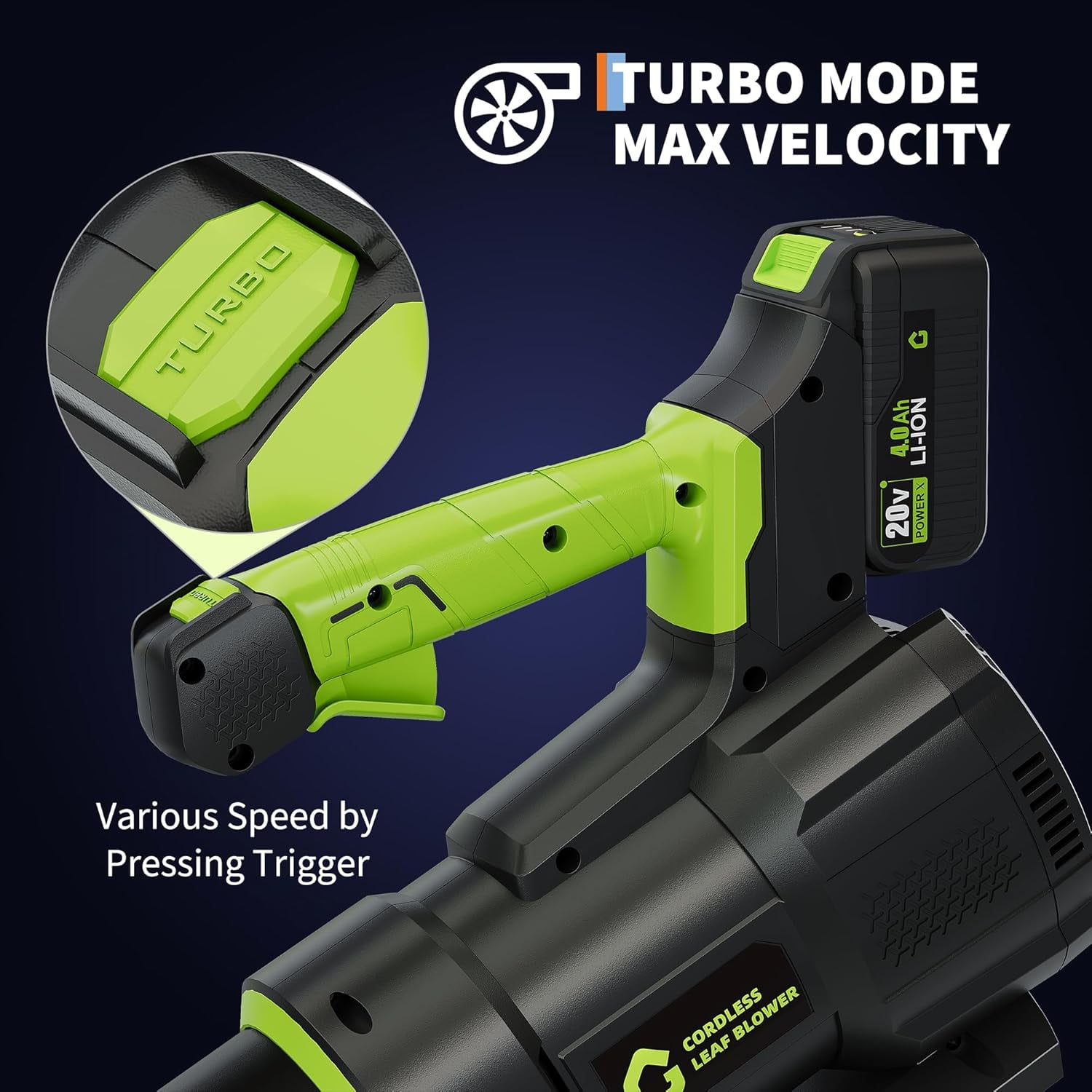 Acekid Black/Green 20V Cordless Leaf Blower, High-Power Brushless Motor, Lightweight Battery Powered Electric Blower for Lawn