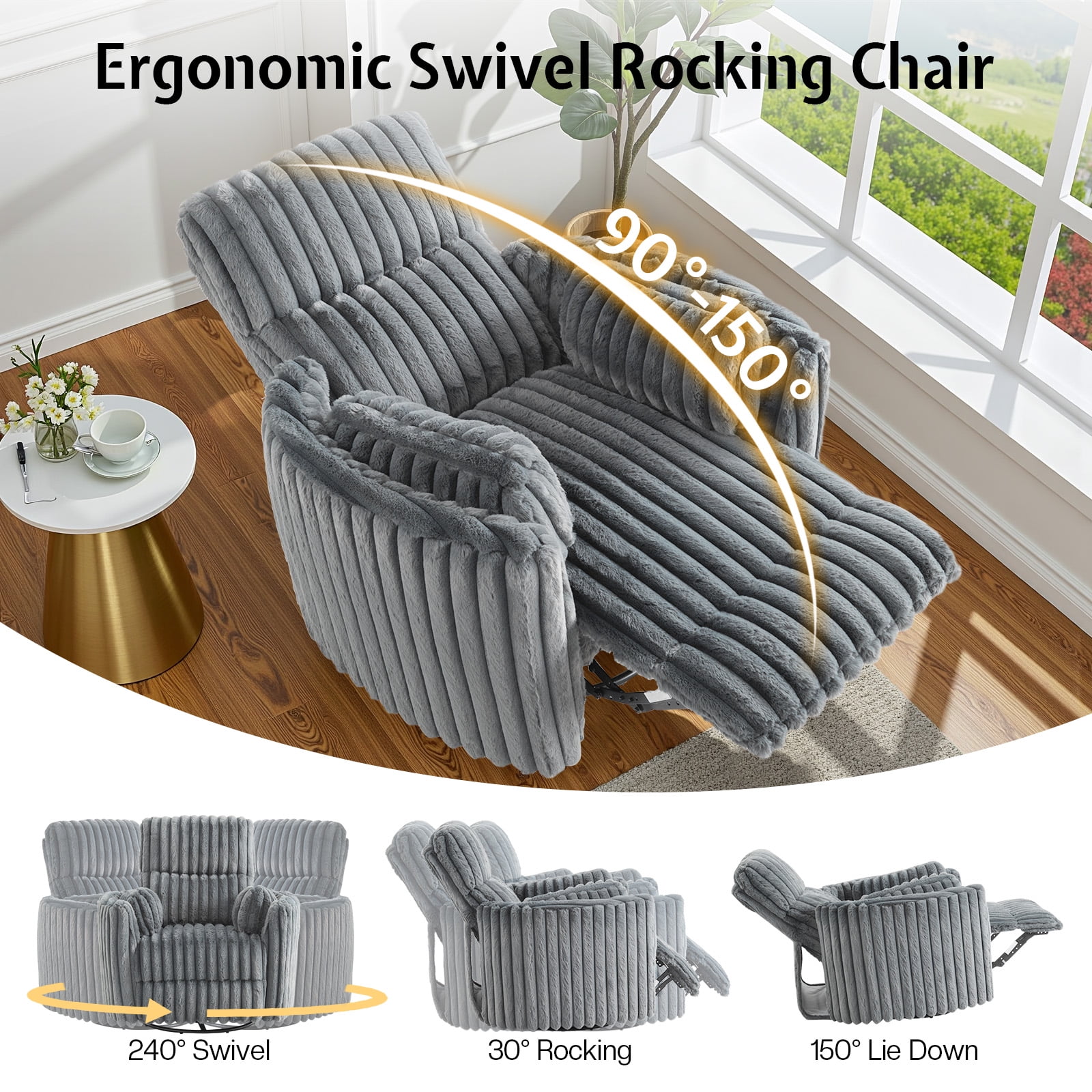 Merluxy Power Swivel Recliner Chair with USB Charging & 2 Pillows, Glider Rocker for Nursery and Living Room, Grey Corduroy