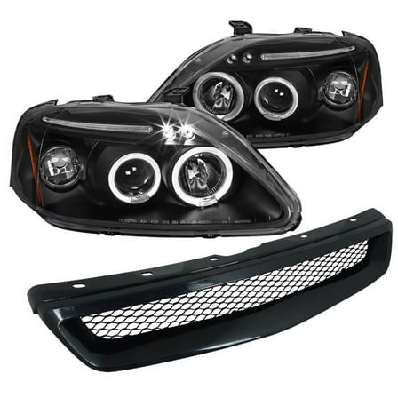 Spec-D Tuning LED Halo Black Projector Headlights Type R Style Grille Compatible with 1999-2000 Honda Civic Left   Right Pair Headlamps Assembly