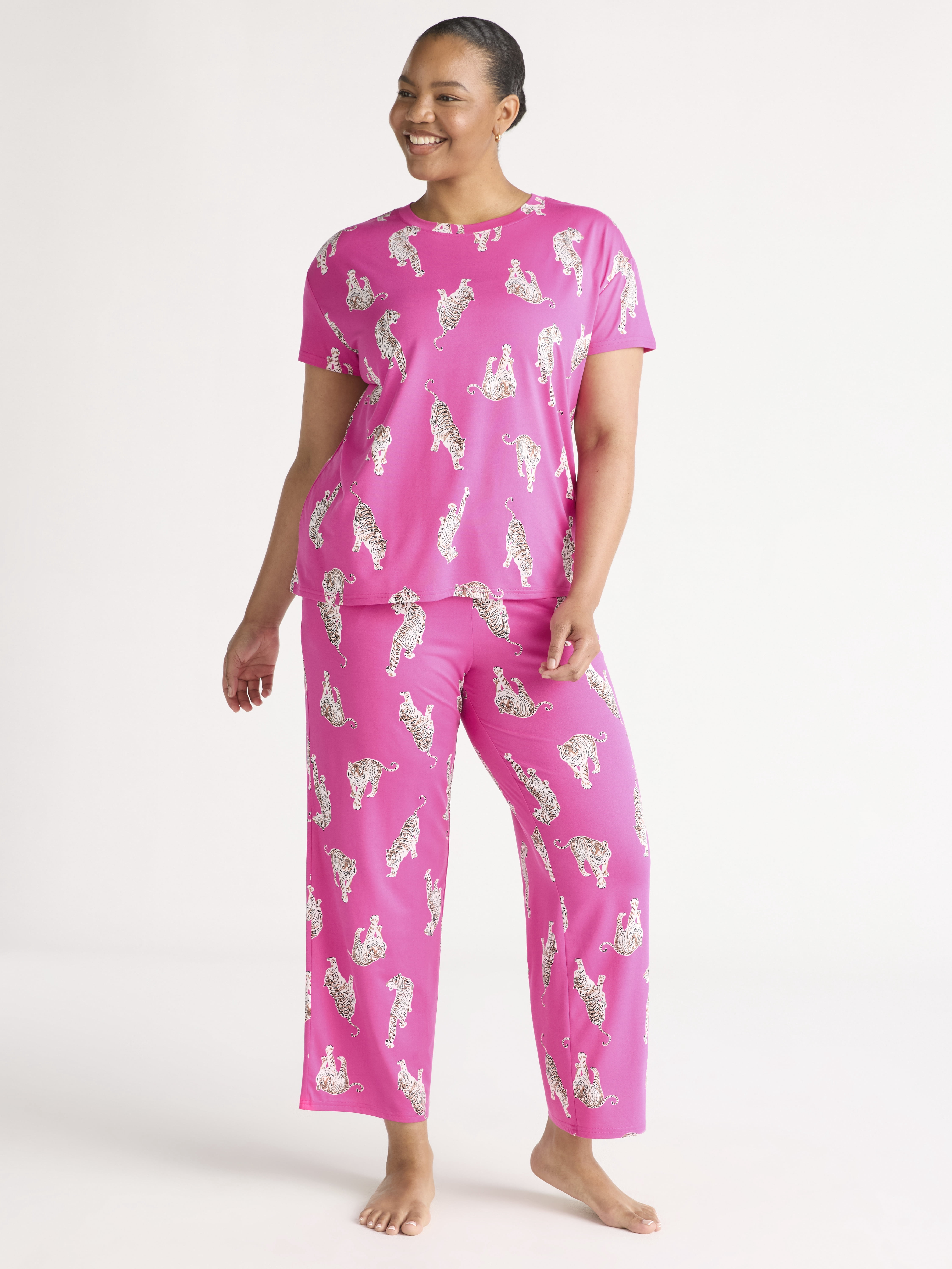 Joyspun Women's Short Sleeve Sleep Top and Open Leg Pants Pajama Set, 2-Piece, Sizes XS-3X