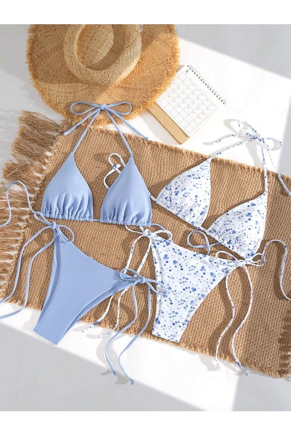 2pcs Spring Break Women's Halter Ditsy Floral Bikini Set Minimalist Beach Vacation Swimwear