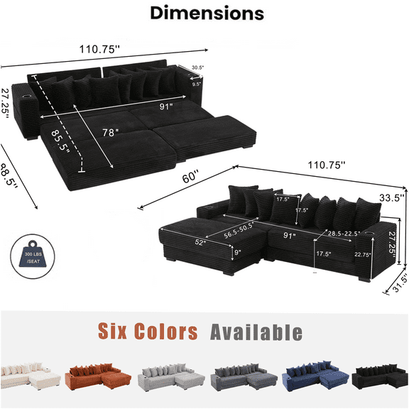 JERFIT Modern L-Shaped Sectional Sofa Bed with Chaise, Corduroy Fabric Convertible Couch with Cup Holders, Storage Pockets & 8 Pillows, Black