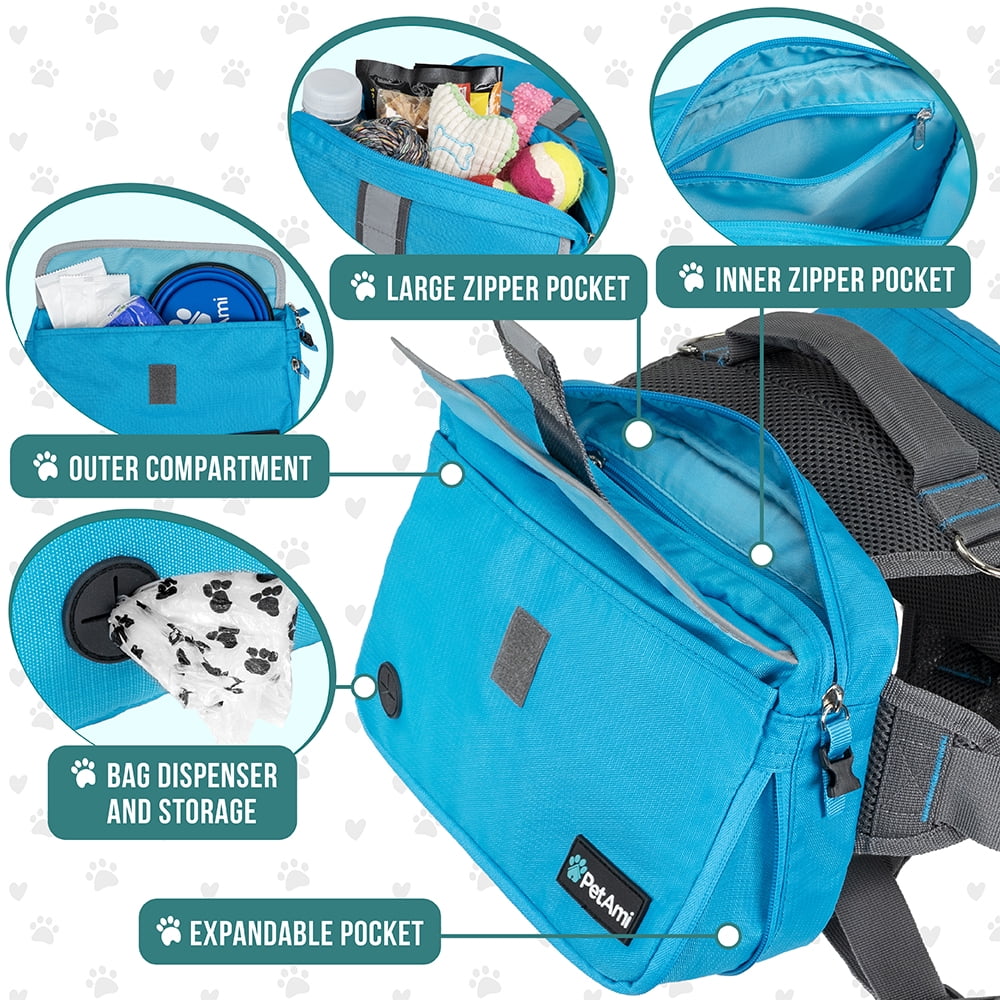 PetAmi Dog Backpack for Medium Large Dogs, Dog Saddle Bag For Dogs to Wear, Harness Saddlebag with Reflective Safety Side Pockets for Hiking, Camping, Vest Dog Pack for Travel (Blue, Large)