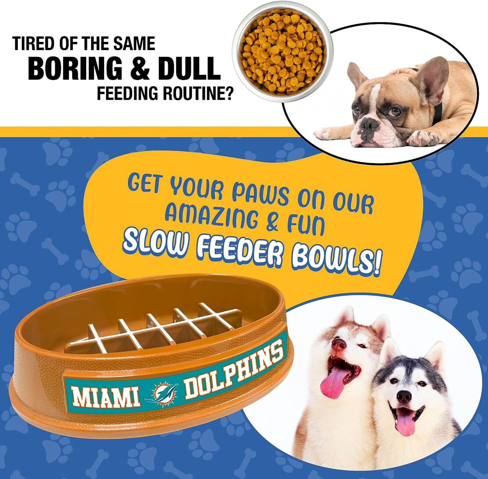 Pets First NFL Miami Dolphins Super-Bowl Slow Feeder Bowl for Dogs and Cats, Football Design for Healthy Digestion, Non-Slip, for Large & Small Pet