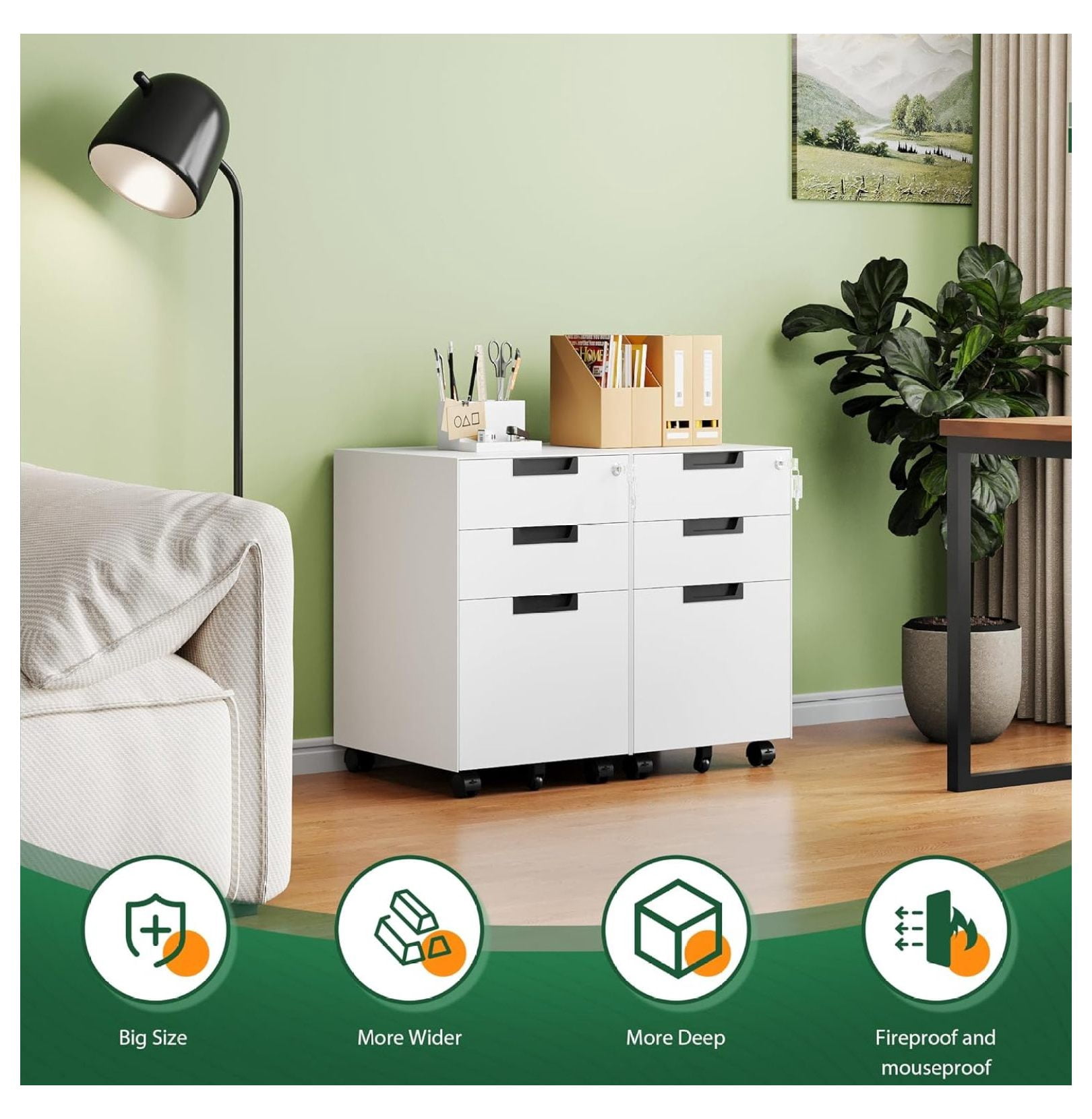 WDZS 3 Drawer Mobile File Cabinet with Lock,Under Desk Metal Small Filing Cabinets for Home Office Organizer Letters/Legal/A4(Fully Assembled Except Wheels-White)