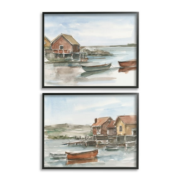 Stupell Industries Coastal Shack Landscape Landscape Painting Black Framed Art Print Wall Art, 14 x 11, Set of 2