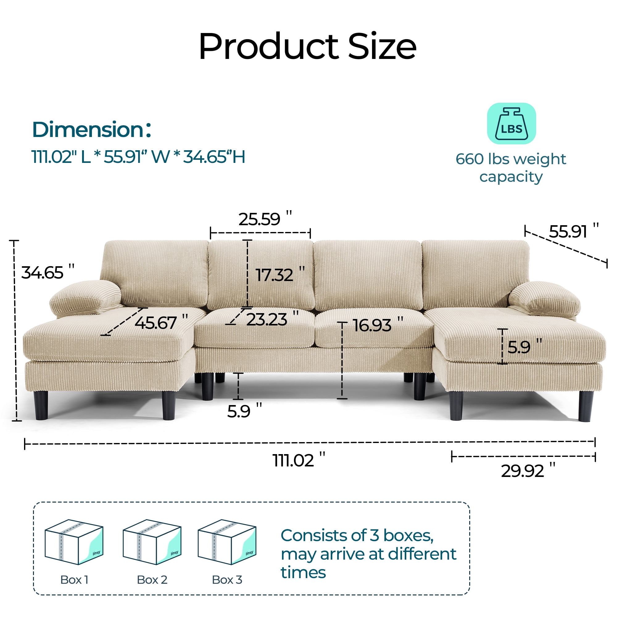Linsy Home Sectional Sofa for Living Room, U-Shaped Sofa Couch with Corduroy Fabric, 4 Seat Sofa Set with Double Chaise for Apartment, White