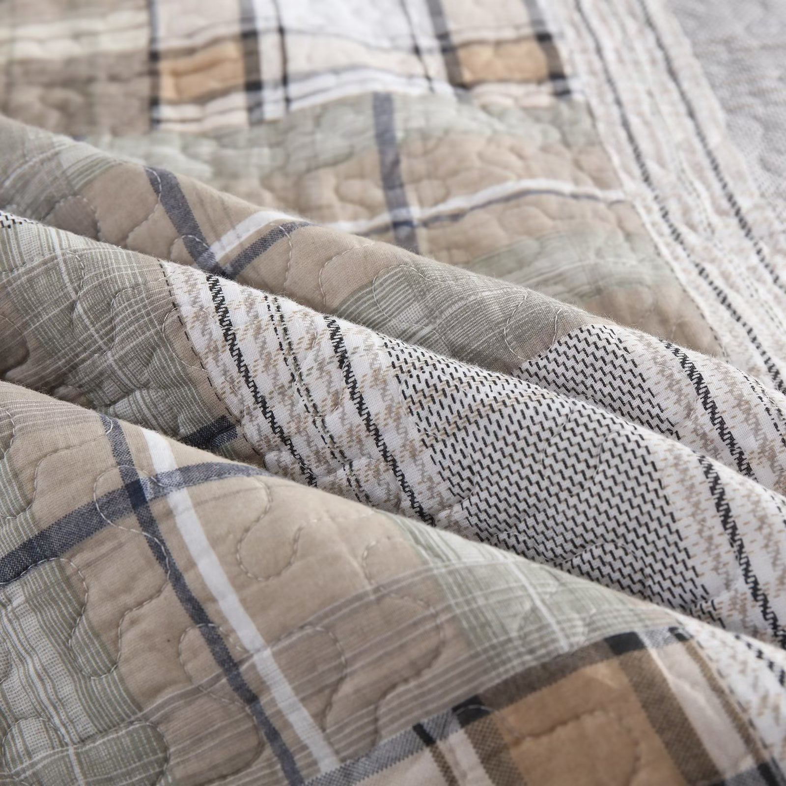 Bedduvit 100% Cotton King Size Quilt Set - Brown Farmhouse Patchwork Plaid Bedspread Cotton Quilt for King Beds in Tan, Lightweight Warm Spring/Summer Comforter Set for All Season, 3-Piece (98"x106")