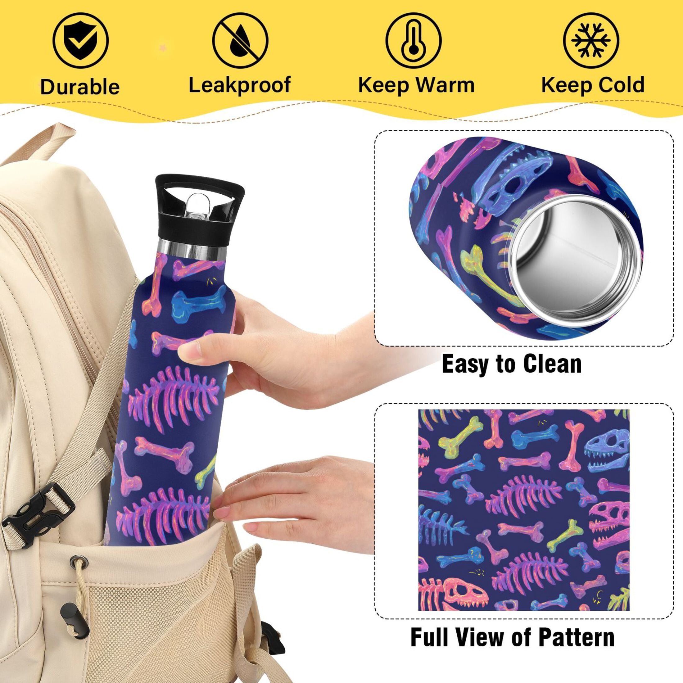 600ML Stainless Steel Insulated Cup Sports Water Bottle Portable Thermos Cup Water Glasses Insulated Tumblers Convenient and Durable Dinosaur Bones