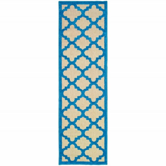 HomeRoots 2' X 8' Blue and Beige Geometric Stain Resistant Indoor Outdoor Area Rug