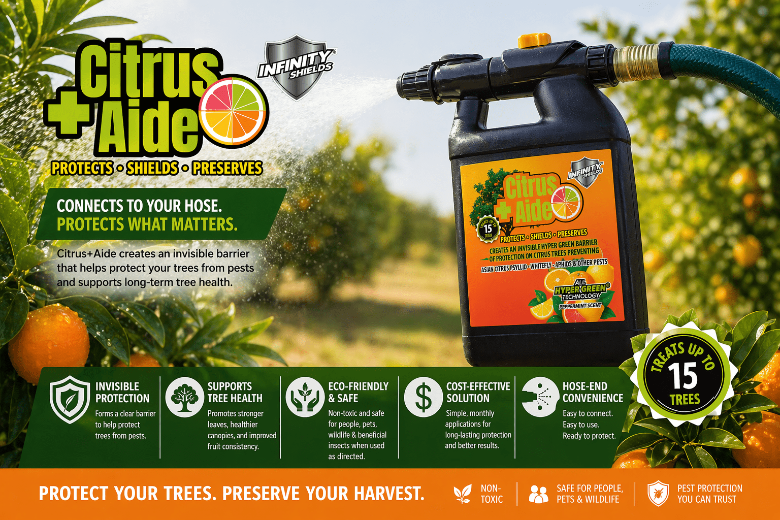 Infinity Shields Citrus+Aide, Citrus Tree Anti-Greening Support Spray, Liquid Fertilizer, 65 oz, Hose-End Rinse Concentrate, Peppermint Scent