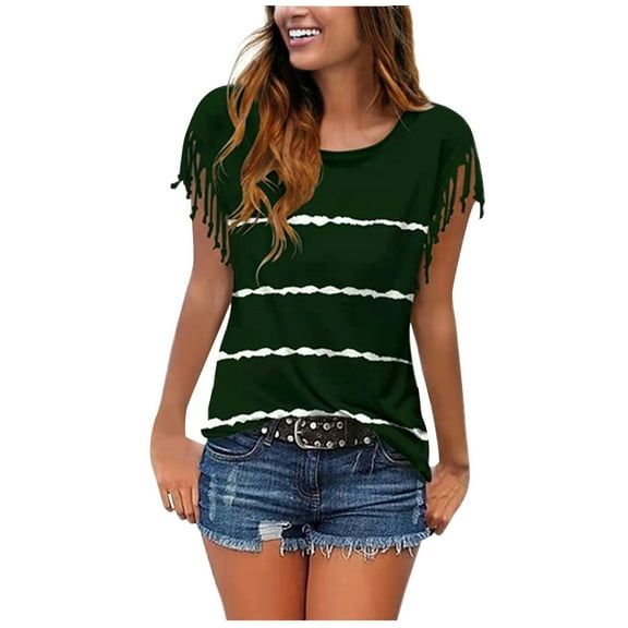QLEICOM Women Stripe Tassels Short Sleeve Crewneck T-shirt Blouses Shirts Tops Green 3XL, US Size 14