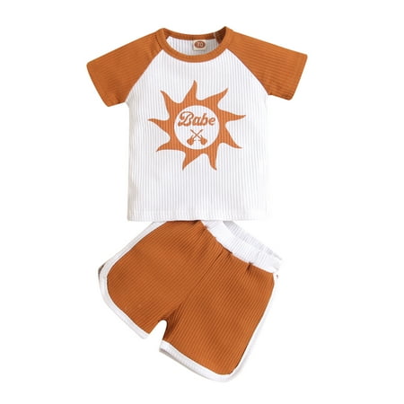 

Qufokar Neutral Baby Clothes Set Baby Boys Girls Summer Short Sleeve Letter Ribbed T Shirts Tops Shorts Tracksuit Outfits Clothes Set