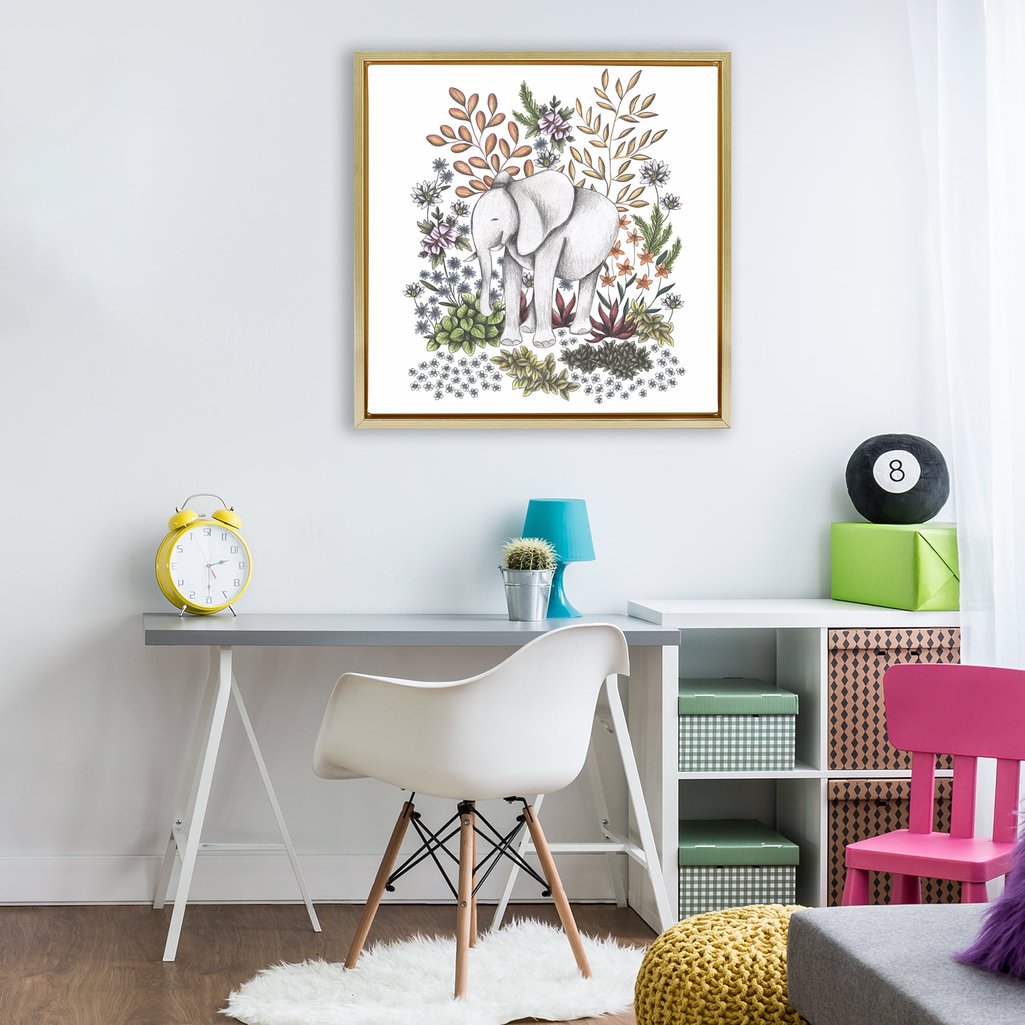 Jungle Wildlife Elephant Gold Framed Floater Canvas Wall Art, design by Cecilia Battaini