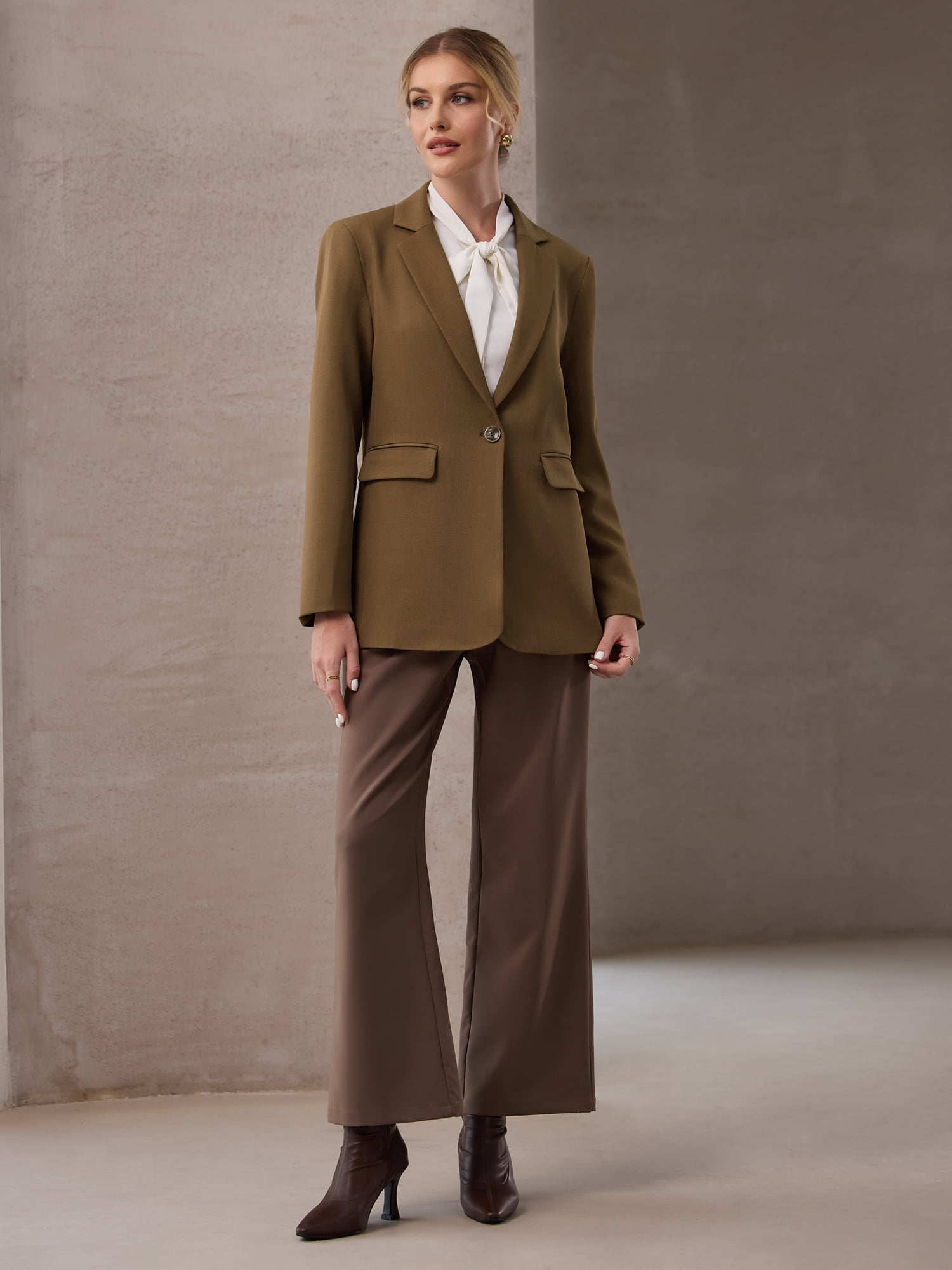 DARING DIVA Women's Open Front Long Sleeve Work Suit Jacket Blazer with Pockets 2XL Brown