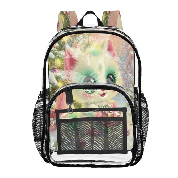 Clear PVC Backpack 12L Transparent Shoulder Bag with Mesh Pockets Colorful Cute Christmas Cat