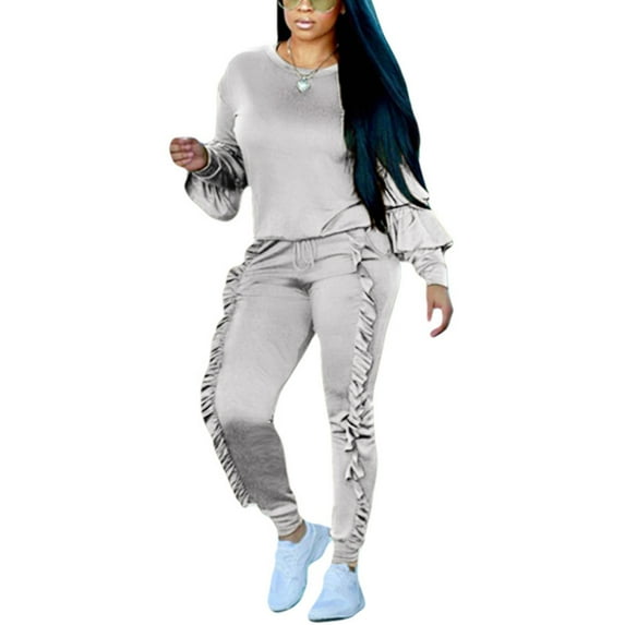 Akmipoem Women 2 Piece Sweatsuits Ruffle Pullover Sweatshirts Jogger Pants Sets Tracksuit
