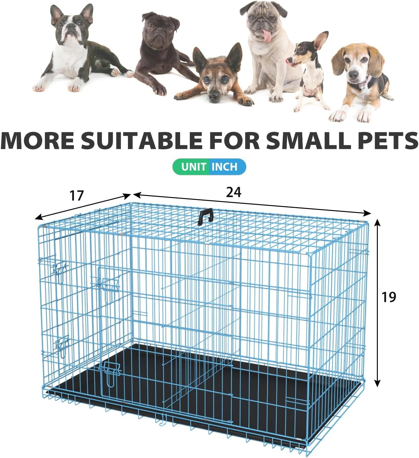 GREOKL Dog Crates for Medium Small Dogs Folding Metal Wire Crates Dog Kennels Outdoor and Indoor Pet Dog Cage Crate with Double-Door,Divider Panel, Removable Tray and Handle, 24" Blue