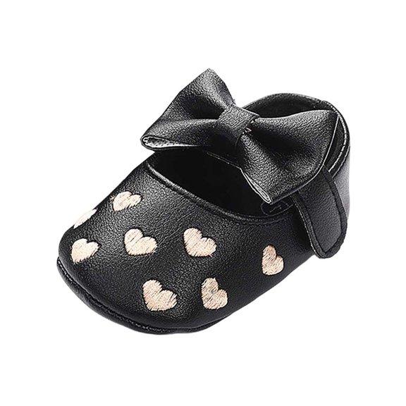 Gpaecead Baby Girls Bow Heart Embroidered Mary Jane Princess Shoes Faux Leather Soft Sole First Walker Flats For Daily Wear Black
