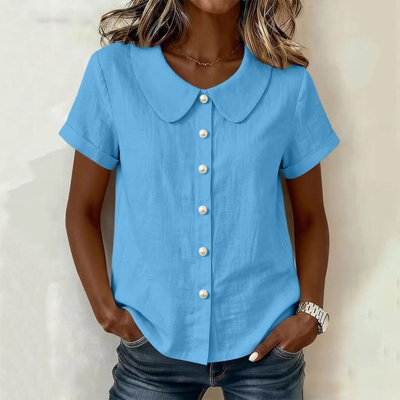 Abcnature Blouse Noire pour Femme à Col Peter Pan, Manches Courtes, Boutonnée, Chemise Décontractée Aspect Lin, Été, Unie, Légère