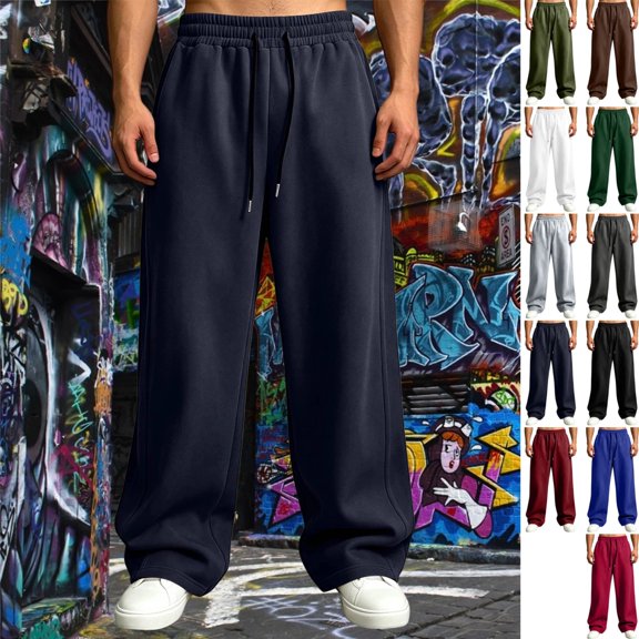 GrmtClth Men's Sweatpants Wide Leg Baggy Jogger Soft Cotton Drawstring Waist Multi Color Casual Loose Fit Slacks With Pockets Navy XL