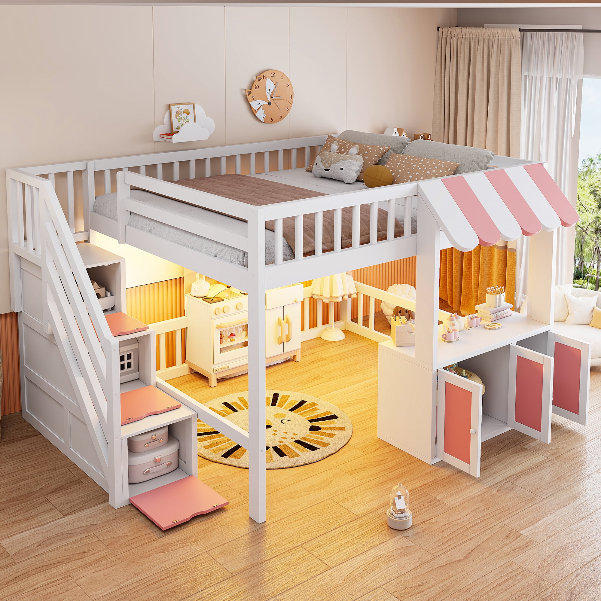Mintazer Full Size Loft Bed with Play Storefront & LED Lights, Kids Loft Bed with Guardrail and Storage Staircase & Cabinet for Bedroom, White & Pink