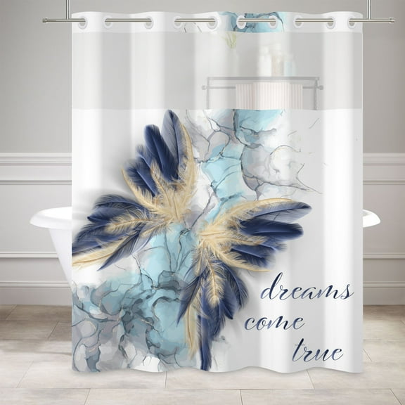 MIZHONA Abstract Butterfly Plume Shower Curtain with Snap in Liner，No Hooks Bath Curtain,71"× 74"